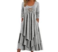 2025 Vestido Boheme Mujer Manga Larga Vestido Largo Cuello Redondo Irregular Plisado Volantes Casual Color Sólido Corte Suelto Elegante Y Elegante Swing Dobladillo Fluido Cómodo Suave Temperamento