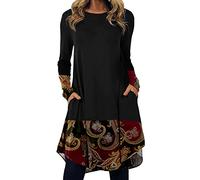 2025 Vestido Boheme Mujer Manga Larga- Vestido medio Largo Cuello Redondo Irregular Dobladillo Corte suelto Casual Estilo étnico Cómodo Versátil Elegante Y Elegante Temperamento Otoño Invierno