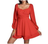 2025 Vestido Boheme Mujer Manga Larga Vestido Verano Cuello en V Plisado Elegante Y Elegante Media Volantes Casual Línea A Color Sólido Elasticidad Fluido Cómodo Corte Holgado Swing Vestidos para