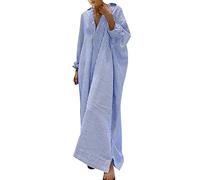 2025 - Vestido camisero de lino de algodón a rayas de mujer Casual suelto maxi vestido largo amarillo, azul, S