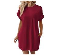 2025 Vestido de camiseta suave para mujer, manga corta, informal, vestido de túnica de verano, suelto, suelto, con bolsillos, vestido de manga larga, primavera, Vino, M