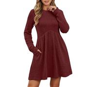 2025 Vestido de punto para mujer - Vestido de manga larga con cuello redondo elegante y casual, cálido, midi, corte amplio, color liso, versátil, otoño, invierno - A-Line, suéter para fiesta, cóctel