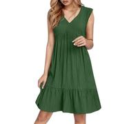 2025 Vestido de verano para mujer, sin mangas, cuello en V, minivestidos, moda, informal, fluido, bohemio, volantes, línea A, swing 2025, vestido de encaje para mujer, rosa, Verde oscuro., L