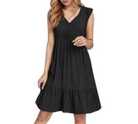 2025 Vestido de verano para mujer, sin mangas, cuello en V, minivestidos, moda, informal, fluido, bohemio, volantes, línea A, swing 2025, vestido de encaje para mujer, rosa, Negro , XXL