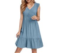 2025 Vestido de verano para mujer, sin mangas, cuello en V, minivestidos, moda, informal, fluido, bohemio, volantes, línea A, swing 2025, vestido de encaje para mujer, rosa, azul claro, S