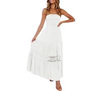 2025 Vestido largo de verano para mujer, bohemio, sin tirantes, sin hombros, encaje sin espalda, línea A, vestido largo para la playa, vestido sexy corto, Blanco, S