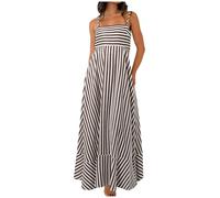 2025 Vestido maxi de rayas sin mangas para mujer, vestido midi sin espalda descubierta, tirantes delgados, boho flowy largo, mini vestido de manga corta para mujer, marrón, M