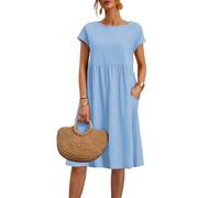 2025 Vestidos de Mujer de Verano Cuello Redondo Manga Corta Vestidos Casuales Cómodos Vestido de Lino Elegante Traspirante Tinta Unitaria Vintage Vestido Boho Vestidos hasta la Rodilla Anchos Vestido