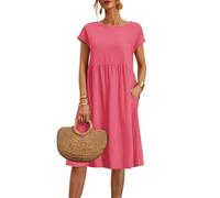 2025 Vestidos de Mujer de Verano Cuello Redondo Manga Corta Vestidos Casuales Cómodos Vestido de Lino Transpirable Elegantes Tinta Unitaria Vintage Vestido Boho Vestidos hasta la Rodilla Anchos