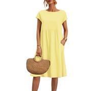 2025 Vestidos de Mujer Verano Cuello Redondo Manga Corta Vestidos Casual Cómodo Vestido de Lino Transpirable Elegante Color Sólido Vintage Vestido Boho Vestidos hasta la Rodilla Ancho Vestido de Playa