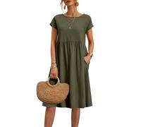 2025 Vestidos de Mujer Verano Cuello Redondo Manga Corta Vestidos Casual Cómodo Vestido de Lino Transpirable Elegante Color Sólido Vintage Vestido Boho Vestidos hasta la Rodilla Ancho Vestido de Playa