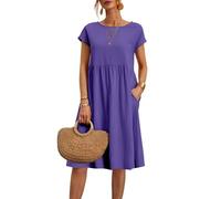 2025 Vestidos de Mujer Verano Cuello Redondo Manga Corta Vestidos Casual Cómodo Vestido de Lino Transpirable Elegante Color Sólido Vintage Vestido Boho Vestidos hasta la Rodilla Ancho Vestido de Playa