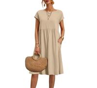 2025 Vestidos de Mujer Verano Cuello Redondo Manga Corta Vestidos Casual Cómodo Vestido de Lino Transpirable Elegante Color Sólido Vintage Vestido Boho Vestidos hasta la Rodilla Ancho Vestido de Playa