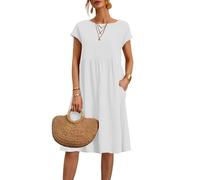 2025 Vestidos de Mujer Verano Cuello Redondo Manga Corta Vestidos Casual Cómodo Vestido de Lino Transpirable Elegante Color Sólido Vintage Vestido Boho Vestidos hasta la Rodilla Ancho Vestido de Playa