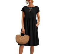 2025 Vestidos de Mujer Verano Cuello Redondo Manga Corta Vestidos Casual Cómodo Vestido de Lino Transpirable Elegante Color Sólido Vintage Vestido Boho Vestidos hasta la Rodilla Ancho Vestido de Playa