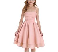 2025 Vestidos Niña Verano Ofertas Vestido de Tirantes Ajustable Sin Mangas Simple Clásico Casual Doble Capa hasta La Rodilla para Niños Verano Princesa Fiesta Boda Cintura Alta Vestidos de Línea A