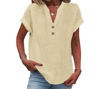 2025 Women Linen Summer Tops Trendy, Button V Neck Tunic Tops Fashion Baggy Solid Casual Shirts (Apricot,XL)