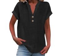 2025 Women Linen Summer Tops Trendy, Button V Neck Tunic Tops Fashion Baggy Solid Casual Shirts (Black,4XL)