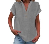 2025 Women Linen Summer Tops Trendy, Button V Neck Tunic Tops Fashion Baggy Solid Casual Shirts (Light Gray,XXL)