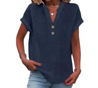 2025 Women Linen Summer Tops Trendy, Button V Neck Tunic Tops Fashion Baggy Solid Casual Shirts (Navy Blue,5XL)