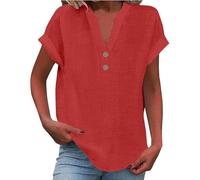 2025 Women Linen Summer Tops Trendy, Button V Neck Tunic Tops Fashion Baggy Solid Casual Shirts (Red,3XL)