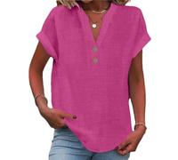 2025 Women Linen Summer Tops Trendy, Button V Neck Tunic Tops Fashion Baggy Solid Casual Shirts (Rose Red,3XL)