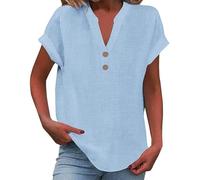 2025 Women Linen Summer Tops Trendy, Button V Neck Tunic Tops Fashion Baggy Solid Casual Shirts (Sky Blue,S)