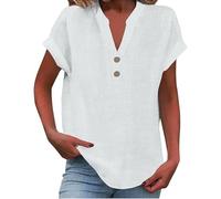2025 Women Linen Summer Tops Trendy, Button V Neck Tunic Tops Fashion Baggy Solid Casual Shirts (White,4XL)