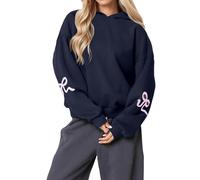 2025 Women's Bow Trim Print Hoodies Long Sleeve Drop Shoulder Graphic Hoodie Sweatshirts Graphic Drop Shoulder Pullover Top (Dark Blue,M)