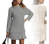 2025 Women's Cable Knit Sweater Dress Crewneck Patchwork Pleated Dresses Style Long Sleeve Mini Dress (Gray,L)
