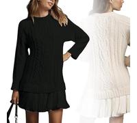2025 Women's Cable Knit Sweater Dress Crewneck Patchwork Pleated Dresses Style Long Sleeve Mini Dress (Black,S)