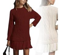 2025 Women's Cable Knit Sweater Dress Crewneck Patchwork Pleated Dresses Style Long Sleeve Mini Dress (Wine Red,XL)