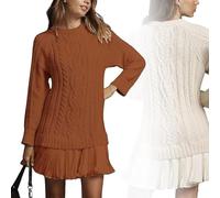 2025 Women's Cable Knit Sweater Dress Crewneck Patchwork Pleated Dresses Style Long Sleeve Mini Dress (Brown,XXL)