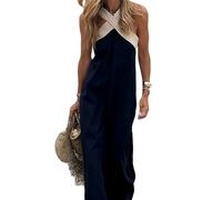 2025 Women's Cross Halter Neck Sleeveless Stitching Dress, Women's Summer Criss Cross Halter Party Dress with Pockets (S,Navy)
