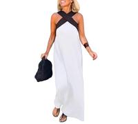 2025 Women's Cross Halter Neck Sleeveless Stitching Dress, Women's Summer Criss Cross Halter Party Dress with Pockets (XXL,White)