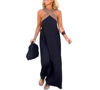 2025 Women's Cross Halter Neck Sleeveless Stitching Dress, Women's Summer Criss Cross Halter Party Dress with Pockets (S,Black)