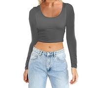 2025 Yoga Crop Tops de ajuste ajustado de manga larga para mujer, camisetas de entrenamiento, blusas, gris oscuro, S