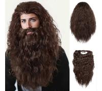 2025Nuevo estilo Halloween para hombres Peluca larga y esponjosa de Jesús y peluca Barba falsa navideña