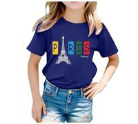 2026 2024 Niños Francia Tema Moda Estampado Manga Corta Cuello Redondo Camiseta Tops, azul, 8-9 años