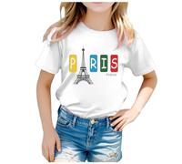 2026 2024 Niños Francia Tema Moda Estampado Manga Corta Cuello Redondo Camiseta Tops, Blanco, 3-4 años