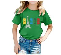 2026 2024 Niños Francia Tema Moda Estampado Manga Corta Cuello Redondo Camiseta Tops, verde, 10-11 años