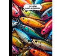2026-2027 Monthly Planner Fishing Lures Hobby Cover: Pages include yearly overview and: Goals, contacts, passwords, notes, birthdays, holidays