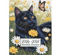 2026-2027 Monthly Planner: Two Year Calendar 8.5 x 11 Large Size with Holiday Reminders From January 2026 To December 2027 - Black Cat & Wildflowers Cover