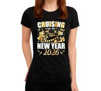 2026 Año Nuevo Nochevieja Crucero Oro Fiesta Decorativa Set Barco Globos Guirnalda Señoras Camiseta, Negro , M