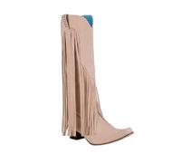 2026 Botas de invierno para mujer de talla grande con tacón grueso y flecos, botas altas de tacón alto para mujer, beige, 36 EU