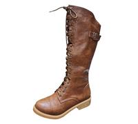 2026 - Botas de nieve para mujer, de piel artificial, bordadas, flores, suela gruesa, tacones cuadrados, con cordones, puntera redonda, Brown, 38.5 EU