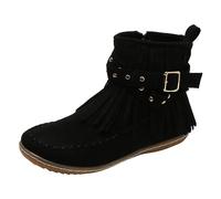 2026 - Botas de nieve para mujer, estilo casual, color liso, con flecos, cómodas, planas, de cabeza redonda, talla grande, tobillo occidental, Black, 39.5 EU