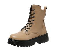 2026 - Botas de nieve para mujer para otoño e invierno, de piel, con cordones, color sólido, suela gruesa, a media pantorrilla, comodidad casual, Khaki, 39 EU