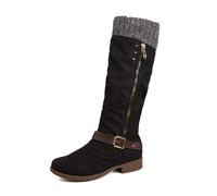 2026 Botas de punto de tacón de bloque de media altura con cremallera lateral cómodas cálidas para invierno a la moda casual suela resistente para deslizarse dentro, Negro , 40 EU