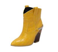 2026 Botas de vaquero Botas occidentales para mujer con punta puntiaguda tacón bajo grueso como elegante botín hasta la mitad de la pantorrilla, amarillo, 40 EU